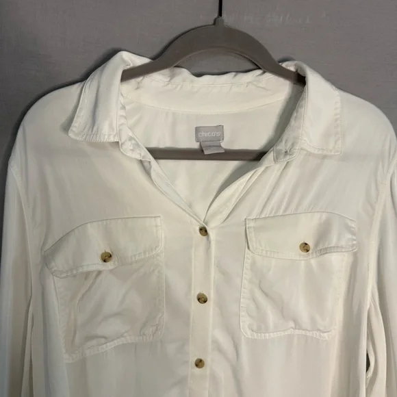 Chico's 3 Sandwash Satin Shirt XL Ivory White Long Sleeve Top Button Front Modal - Picture 2 of 9